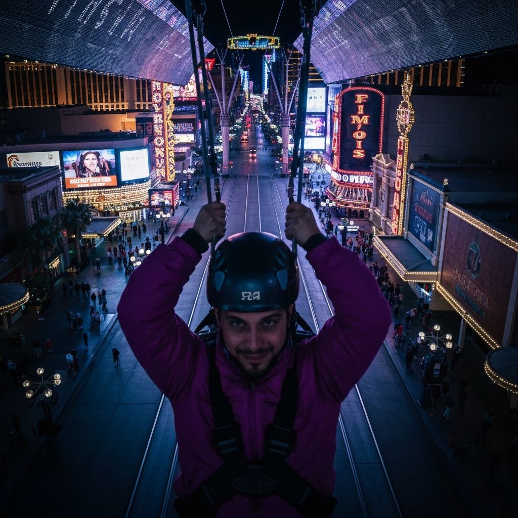 Person ziplining on Fremont Street